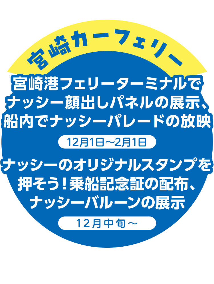 宮崎カーフェリー 宮崎港フェリーターミナルでなっしー顔出しパネルの展示、船内でナッシーパレード放映 12月1日～2月1日 ナッシーのオリジナルスタンプを押そう！乗船記念証の配布、ナッシーバルーンの展示 12月中旬～